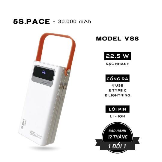 SẠC DỰ PHÒNG 5SPAE SẠC NHANH 22.5W DUNG LƯỢNG 30000MAH MODEL VS8